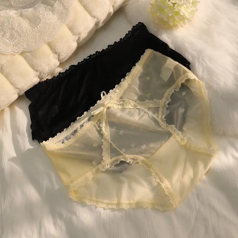 花付きのセクシーなレースブリーフ,三角形のパンティー,通気性のある下着,柔らかい下着,女性のためのファッショナブル