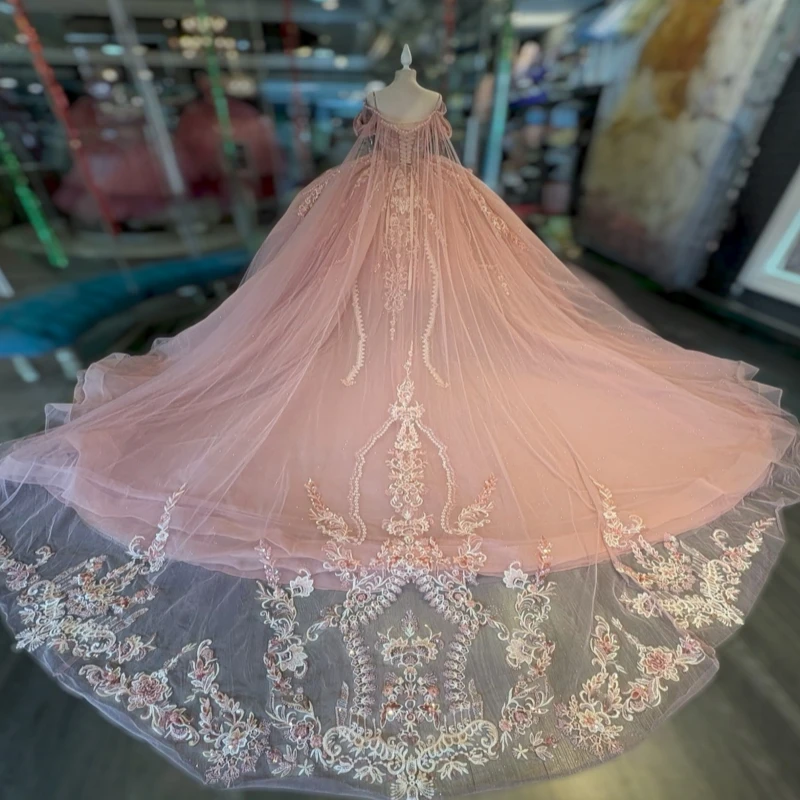 Pink Glitter Quinceanera Dresses Off Shoulder Ball Gown Sweet 16 Dress Applique Beads With Cape Tull Corset Party Birthday Vesti