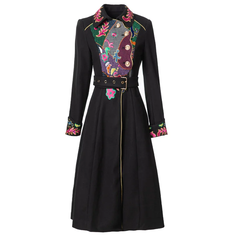 

Heavy Industry Flower Embroidery Collar Gold Button Long Sleeve Belt Black Coat Coat Autumn/Winter Women's New Collection 2024