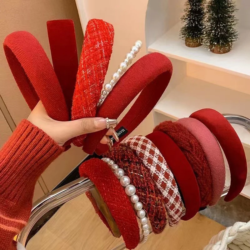 French Red Velvet Headband Women Girls Christmas Twist Plaid Tweed Hairband Vintage Swallow Gird Sponge Hair Hoop Headwear Gift