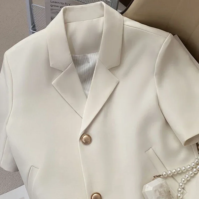 韓国スタイル半袖ブレザー レディース 夏 ファッション シングルボタン クロップドジャケット レディース シンプル カジュアル オフィススーツコート