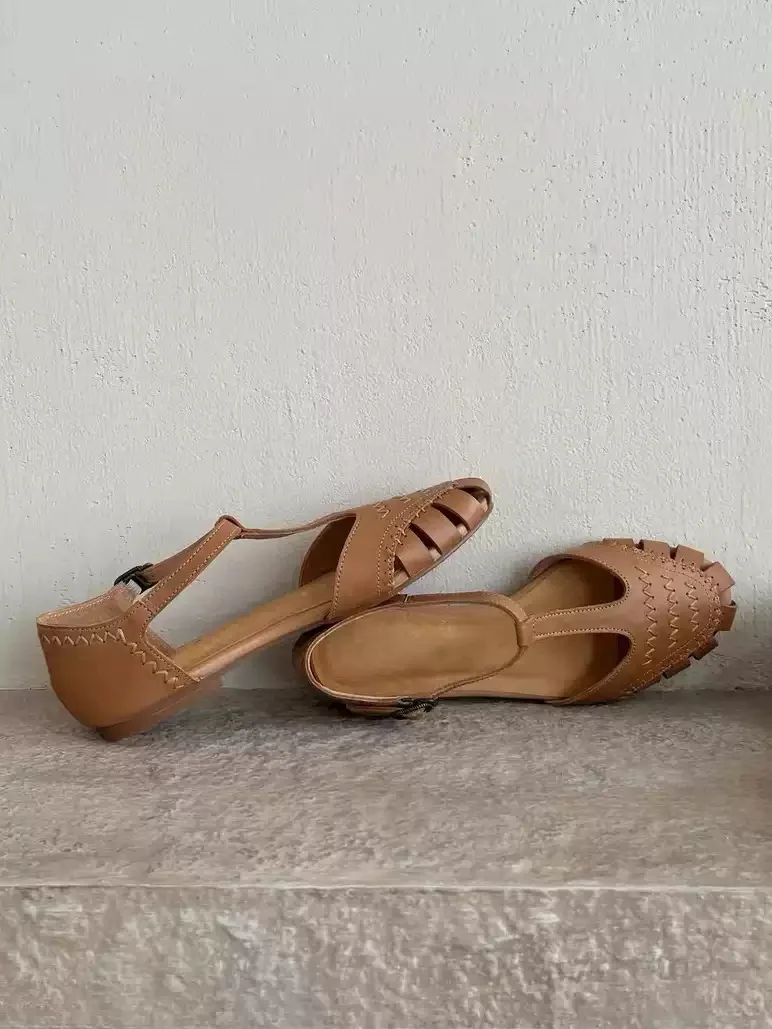 Women's Closed Toe T-Strap Fisherman Sandals Hand Woven Cutout Design Adjustable Ankle Buckle Flat Sole Retro Boho Footwear