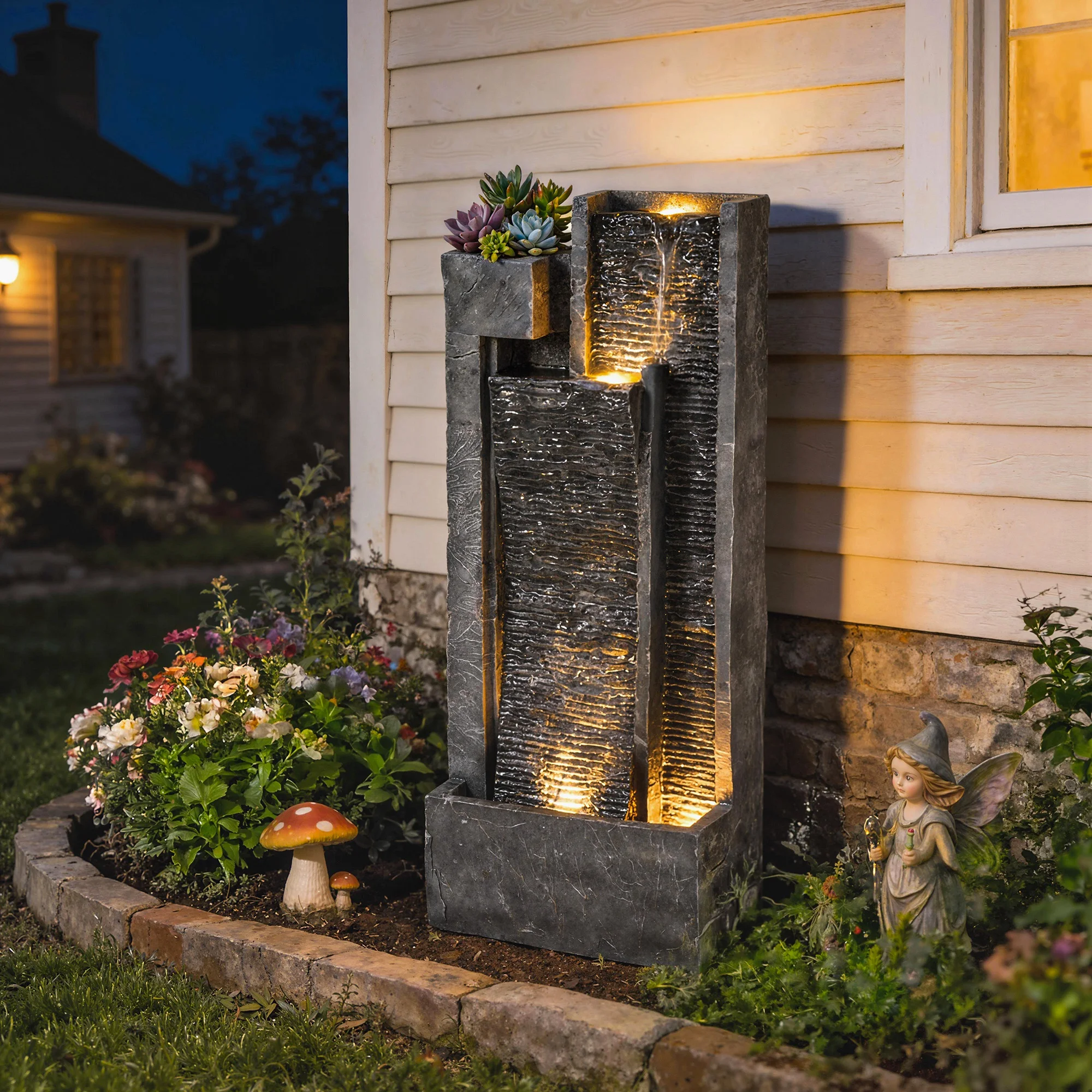 Outsunny Fuente Decorativa LED con Maceta y Bomba, Cascada 3 Niveles, Resistente a Intemperie, 38x19x101 cm, Gris Oscuro