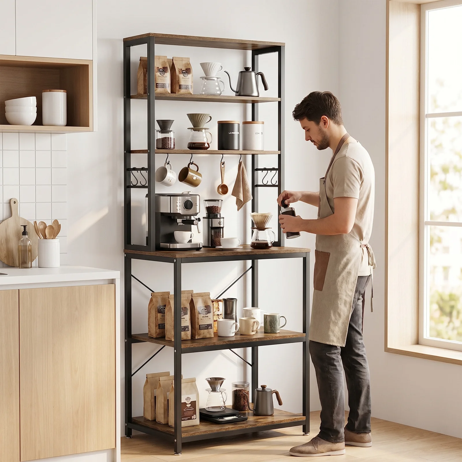 Étagère de boulanger rustique en bois et métal à 2-5 niveaux avec crochets pour suspendre des tasses, support de rangement industriel autoportant pour micro-ondes, étagère de rangement multifonctionnelle pour station café, bouteilles de vin et articles de garde-manger