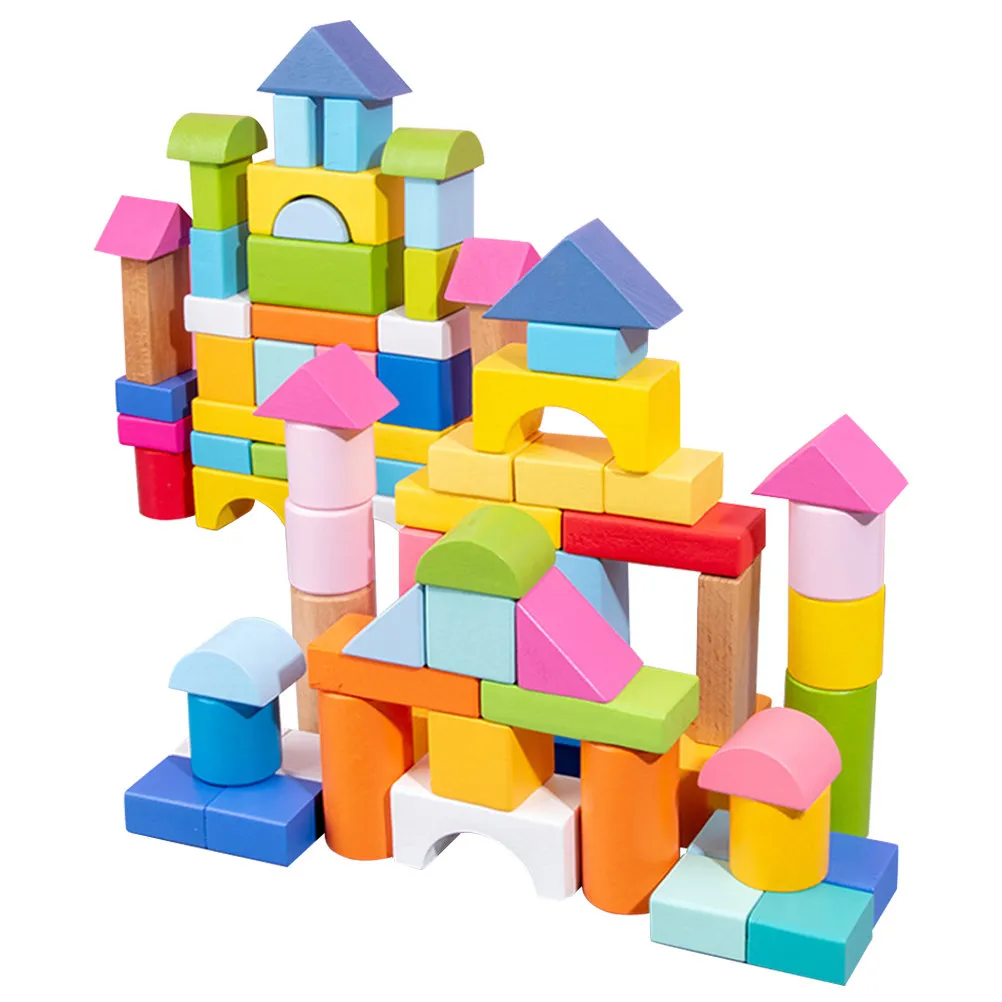 

100Pcs Wooden Geometric Blocks Kids Educational Early Learning Stacking Set Colorful Preschool Cognitive Development Fun