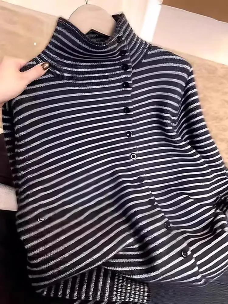 Emagrecimento listrado malhas f gola alta roupa interior feminina outono inverno plus size esconder carne topo coreano sle solto ajuste