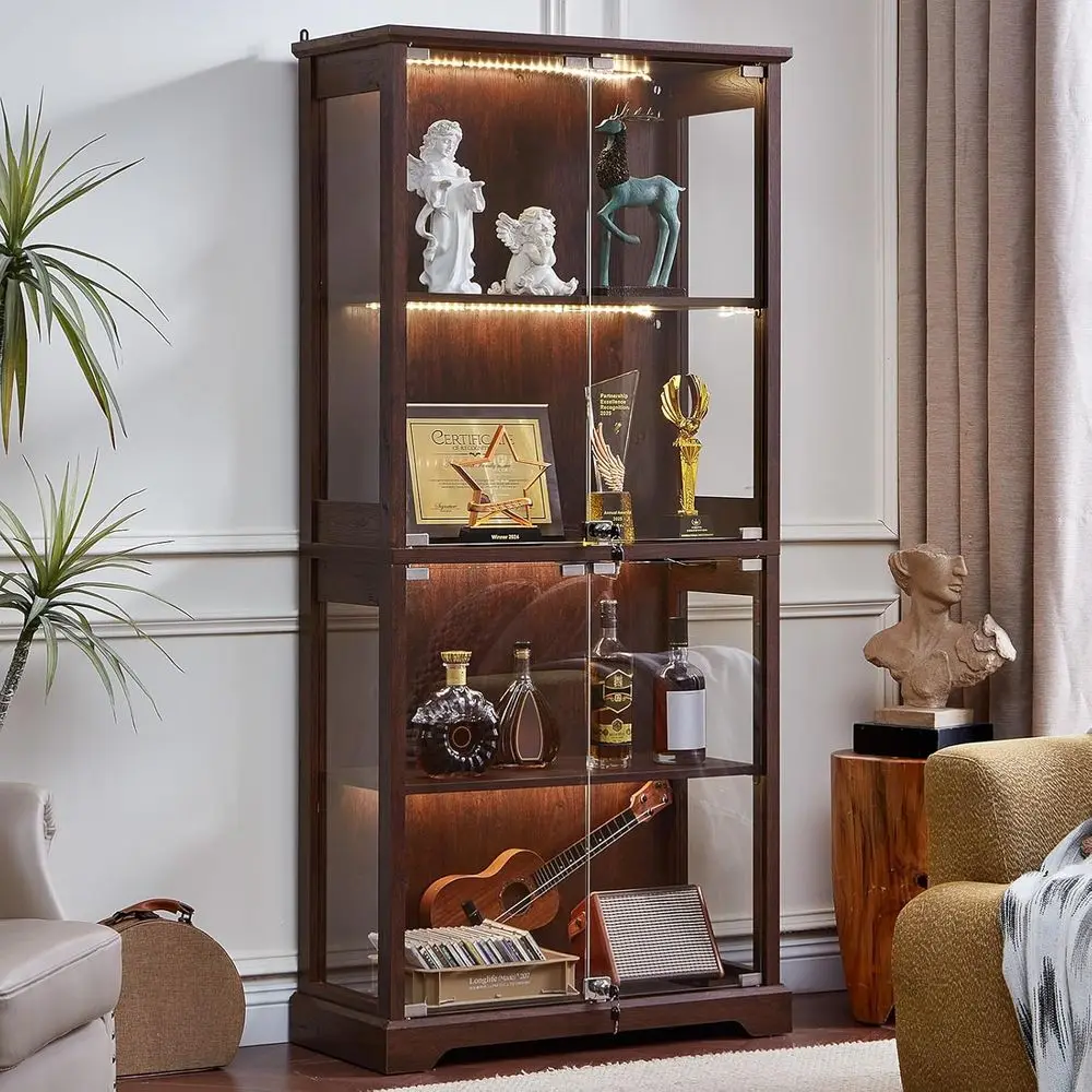 Walnut Glass-Door Display Cabinet with 3-Color LED Motion-Sensor Light