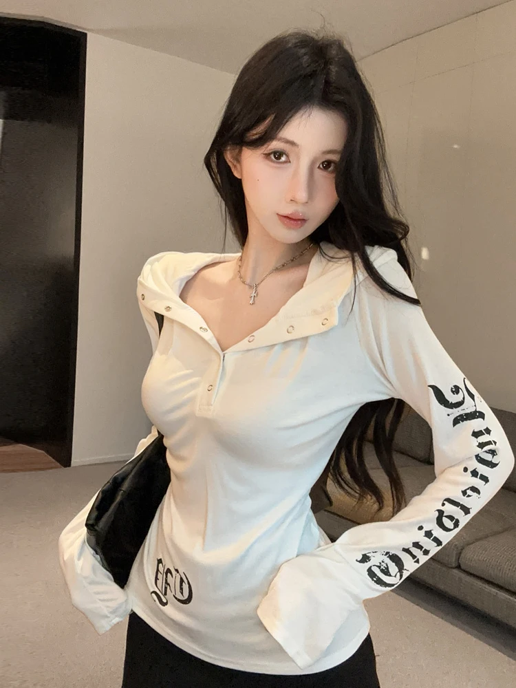 Sexy Slim Fit Long Sleeve Hoodie T-Shirt Women's Casual Printed Button up Base Layer Top V Neck Moisture Wicking Summer Tee