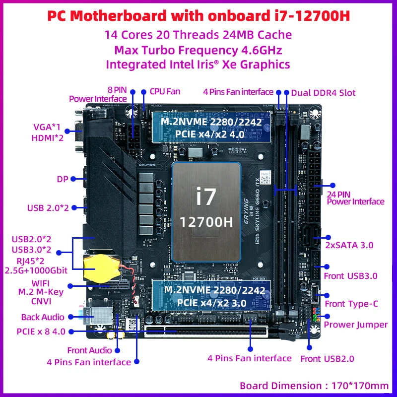 ERYING M-ITX DIY Desktops Motherboard Set with Onboard CPU Core Interpose Kit i7 12700H 14C20T DDR4 RAM B660i Gaming PC Computer