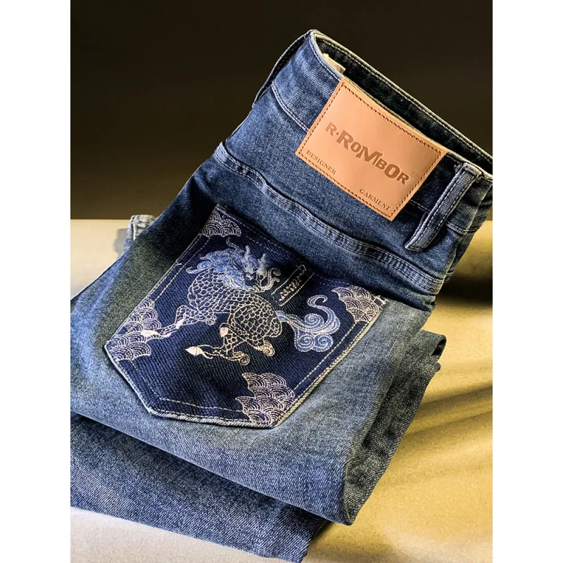 2025 autumn slim fit jeans men's Chinese style embroidered printed small feet casual elastic versatile high-end men's pants
