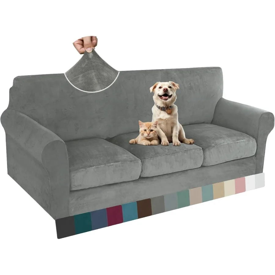

Luxury Velvet Couch Cover 4 Piece Set for 3Seater Sofa with NonSlip Straps Stretchable Thick Soft Fabric Protector in Grey Pet