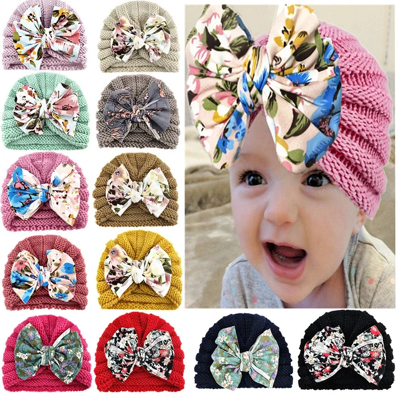Gorro turbante tejido para bebé de invierno, gorro indio grueso y cálido para bebé, pañuelo de lana para recién nacido, pañuelo para la cabeza con lazo estampado, gorros para niños