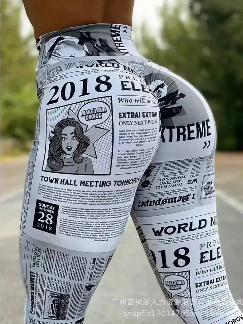 

Модные эластичные леггинсы с высокой талией, цифровая печать, новости, отчет, брюки для бега с вышивкой, утягивающие леггинсы для женщин M8F3