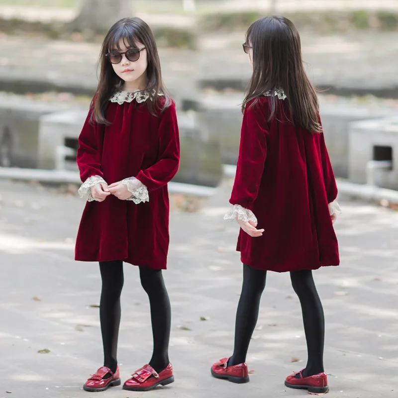 Children Girl Plus Velvet Long Sleeve Dress School Girl Embroidery Lace Collar Thicken Princess Dress Junior Girl Retro Dress