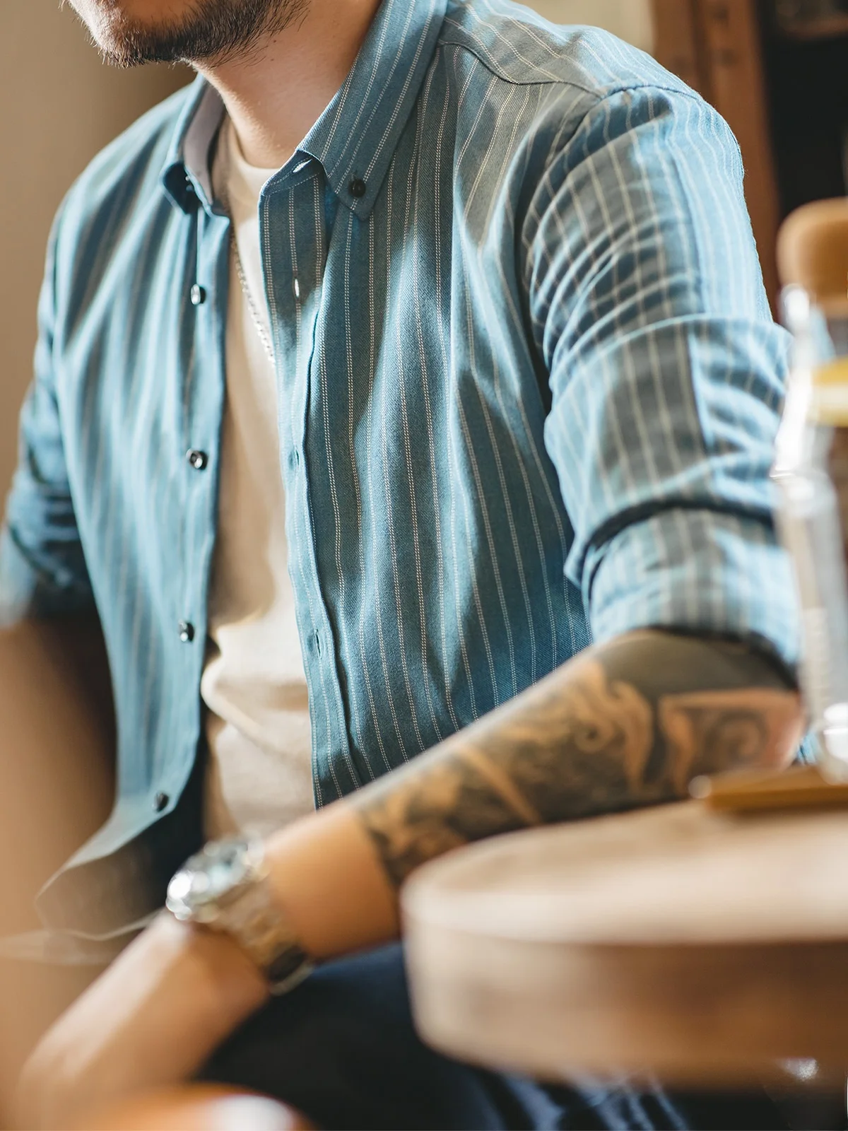 

Рубашка мужская Maden Workwear в американском ретро-стиле из денима с вертикальными полосками, синяя, с длинным рукавом, повседневная, весенняя, из смесового полиэстера