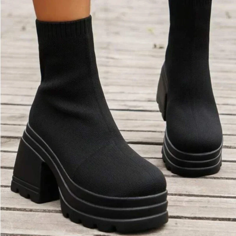 Fashion Knitted Ankle Boots women Casual Super High Heel Thick Bottom Shoes Female Autumn High-top Elastic Overfoot Sock Boots