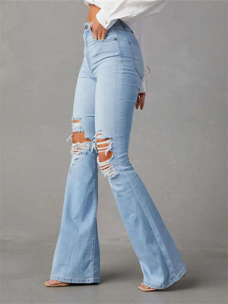 Streetwear Broken Holes Jeans Summer Clothes Women 2024 High Waist Flare Pants Denim Trousers Vintage Ripped Jeans Denim Pants