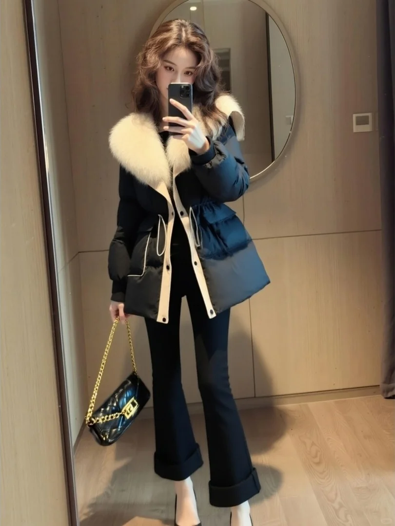 

Faionable Mid-Length Women's Cotton Jaet with Fur Collar Waist-Cinching Slimming High-End Ele Bla Outerwear