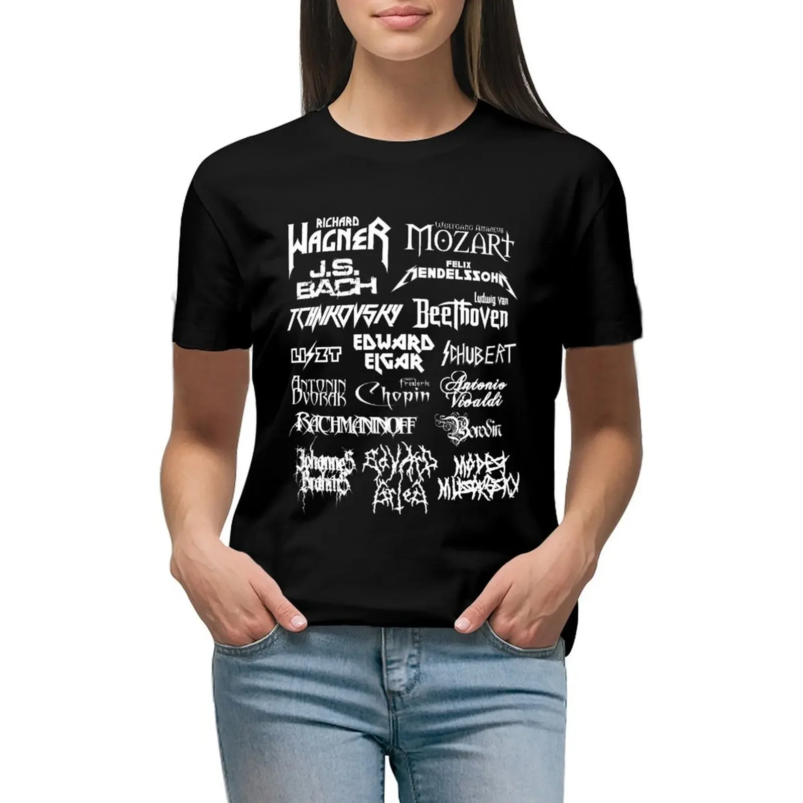 

Heavy Metal-style Classical Composers (White Text) T-Shirt animal prinfor animal print shirt for girls blacks Woman T-shirts