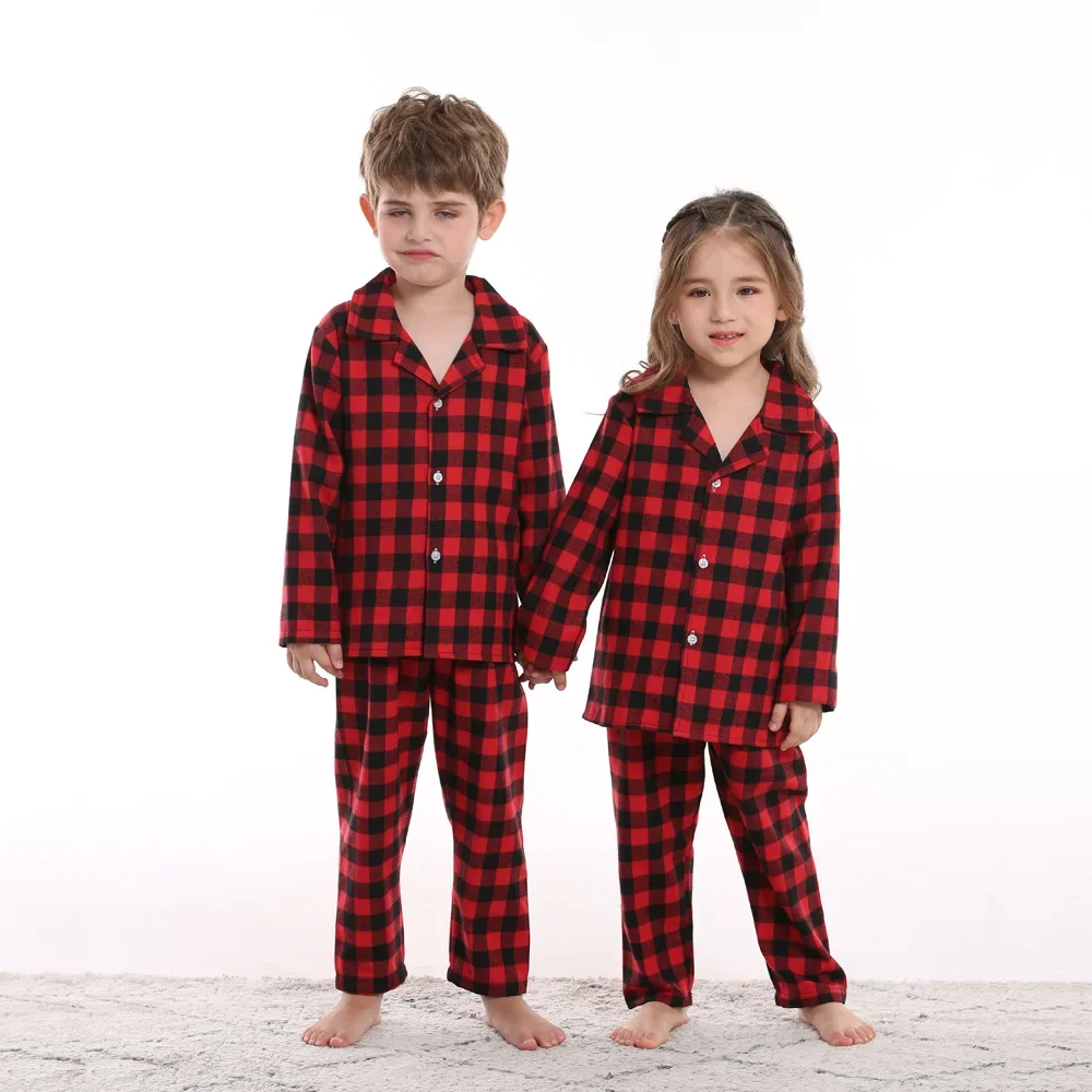 2-Piece Cotton Pajama Set Kids Boys Girls Plaid Pattern Loungewear Kids Cotton Pajamas Set Autumn Winter Clothing