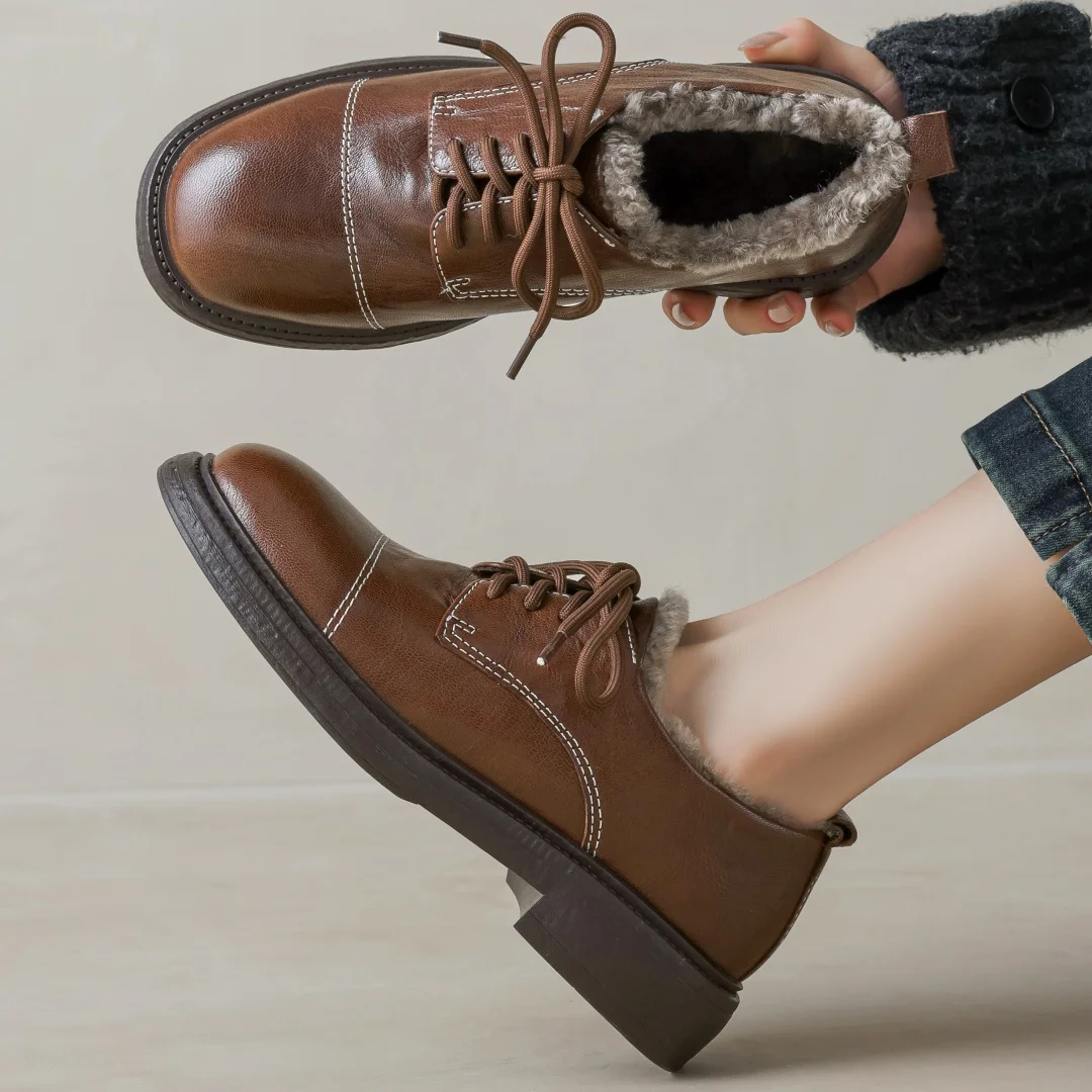 

Flokathy women's sheepskin round toe lace-up wool inside winter flats oxfords high quality soft comfortable casual daily shoes