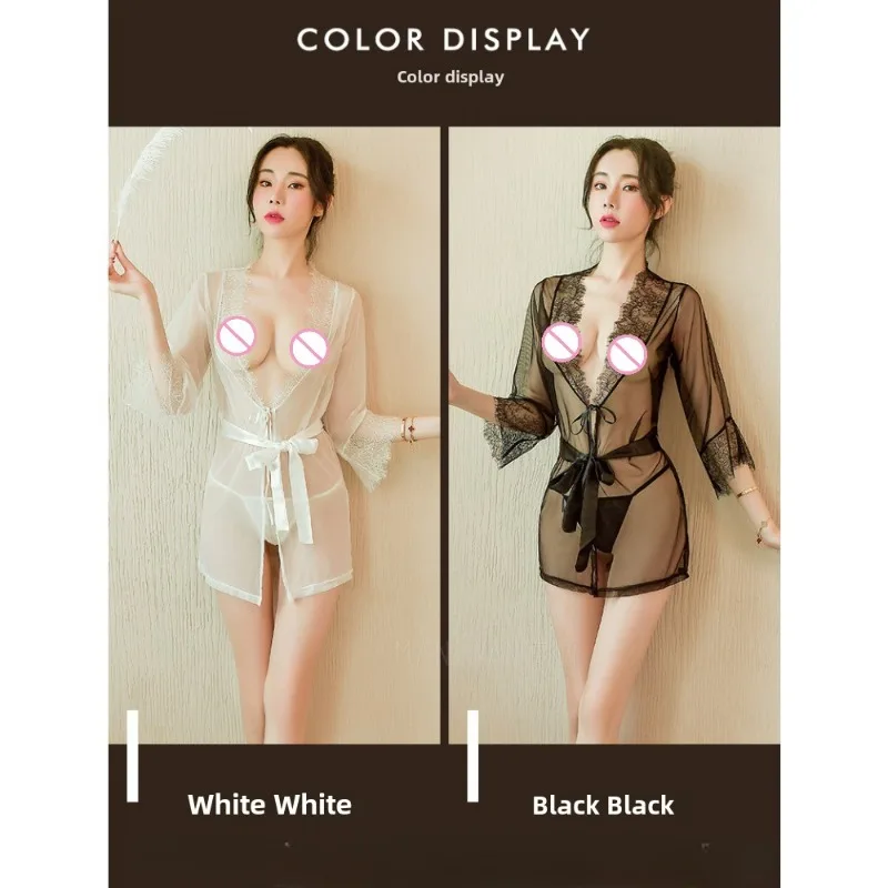 Sexy Deep V See-through Outfit Eyelashes Lace Lace See-through Bathrobe Outer Cover-up Uniform Xxx Lingerie Women Set Porn Sex