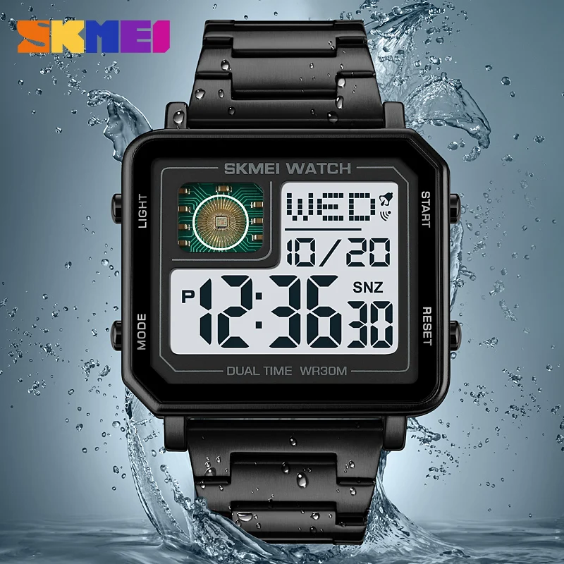 SKMEI 2033 Stainless Steel Digital Watch Waterproof LED Luminous Leisure Square Clock Rectangle Men\'s Watches 1392 2052 1816