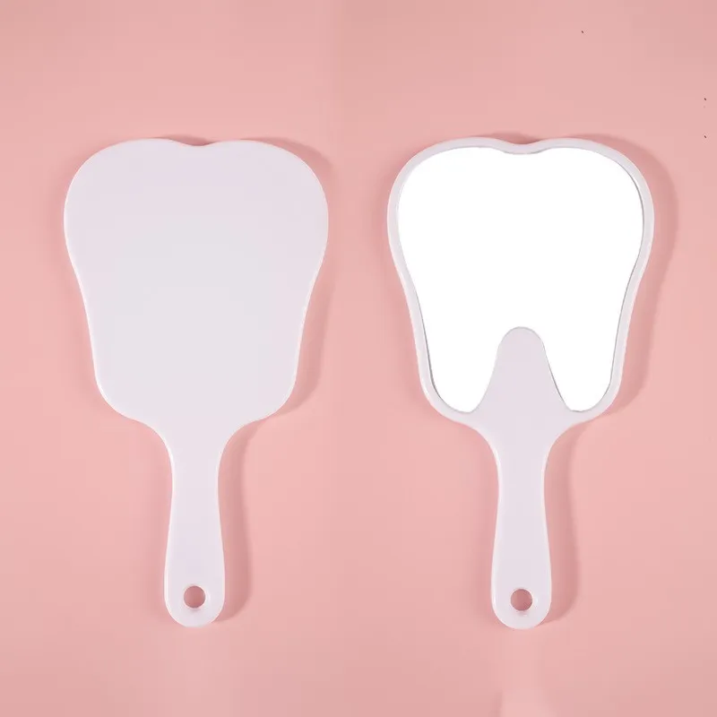 Espelho de maquiagem portátil portátil com design de dentes de desenho animado compacto de plástico fofo para estudantes de viagem de mesa