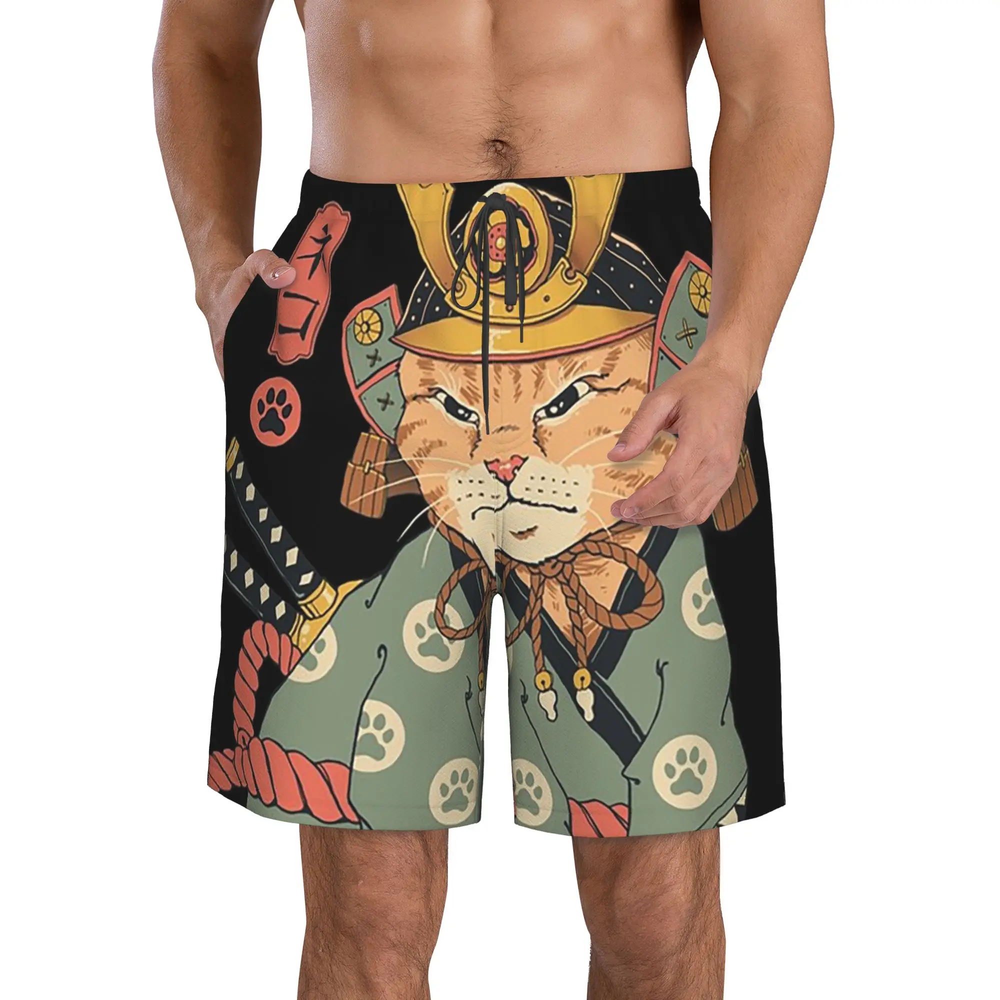 Anime Japanese Samurai Warrior Cat Trunks Beach Board Shorts Casual Quick Dry Swimming Summer Men Pants