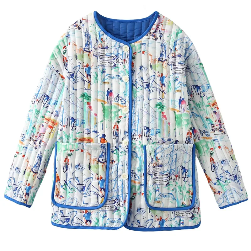 

Женская хлопковая куртка с круглым вырезом и граффити с двойными карманами в европейском и американском стиле, осенняя верхняя одежда от