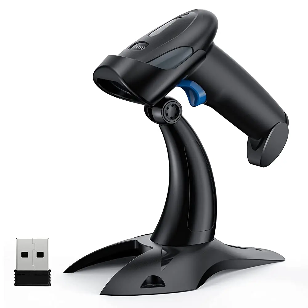 Lecteur de codes-barres 1D 2D sans fil 2,4 G Eyoyo EY-019WS avec support réglable, scanner QR portable USB filaire, lecture automatique des codes-barres endommagés, flous et colorés, pour librairie, bibliothèque, magasin de détail