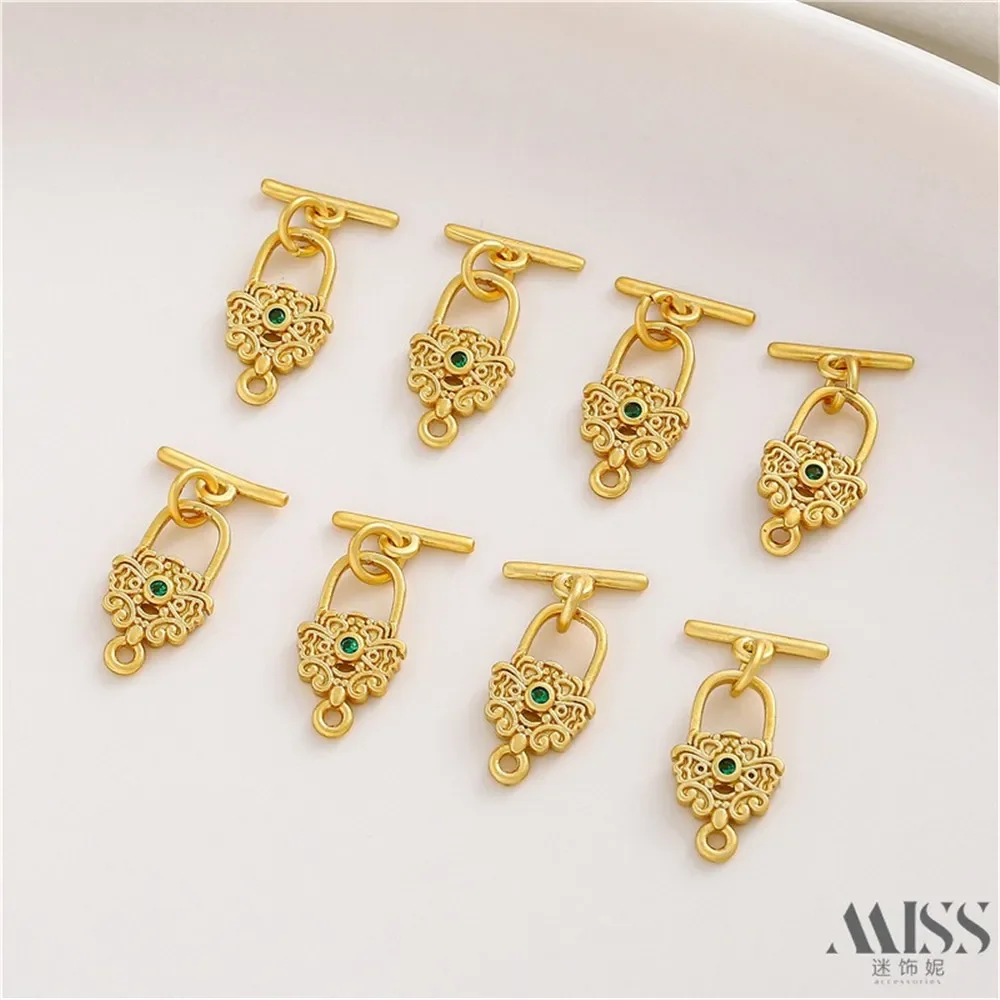 Matte Gold Inlaid Red Green Zircon Lock-shaped OT Buckle DIY Accessories End Connection Buckle Bracelet Hand Jewelry Material