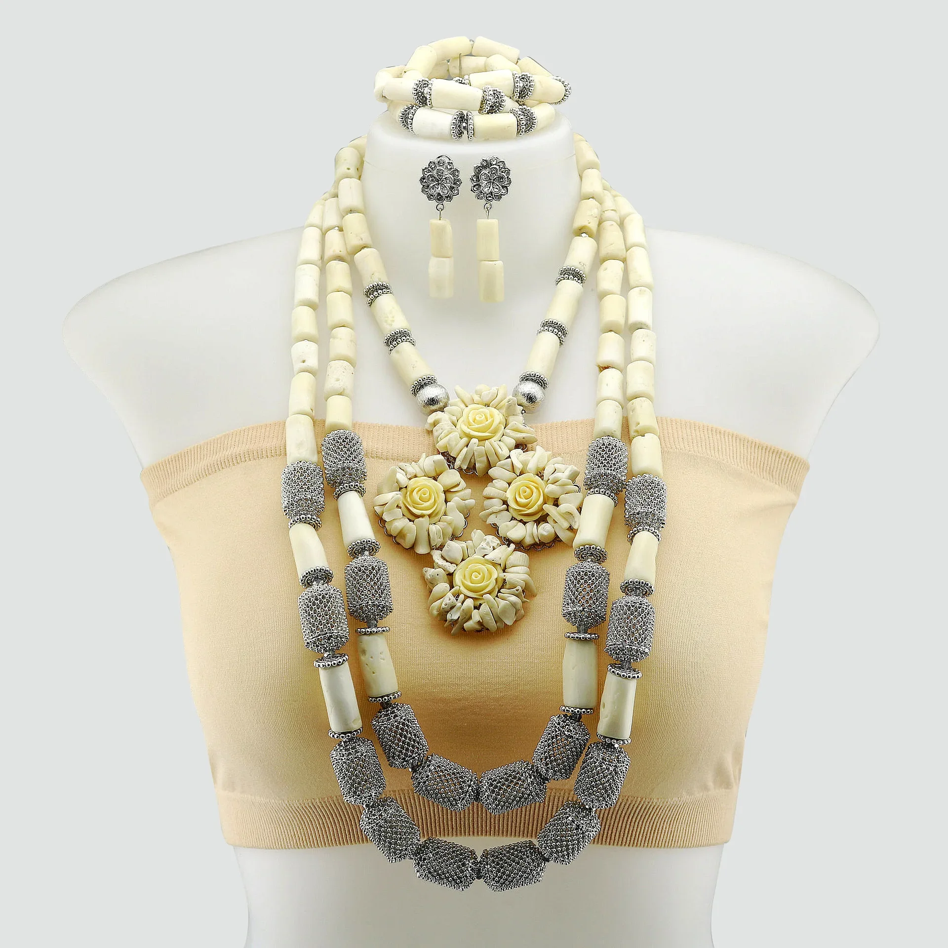 3PCS African Coral Flower Pendant Bracelet Earrings Necklace for Bride Jewelry Sets Statement Choker Nigeria Wedding Party Gifts