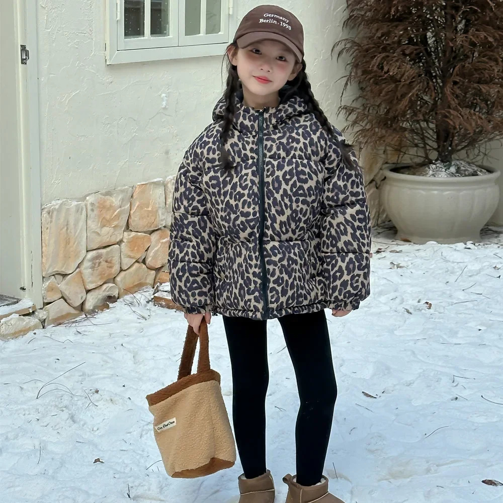 Children Coat 2024 Winter Girls Leopard Print Double-sided Hooded Padded Jacket Children Short Warm Bread Jacket Padded Jacket