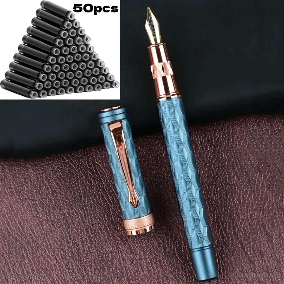 

51-Piece Fountain Pen Set [1Pc Fountain Pen + 50Pcs Ink Cartridges], 0.5mm Nib, Hand-Polished Nib, High-Quality Craftsmanship, Stainless Steel Pen Body, Iridium Pen Clip, Electroplating Process, Engraved Pen Body Design, Suitable for Students, Holiday Gif