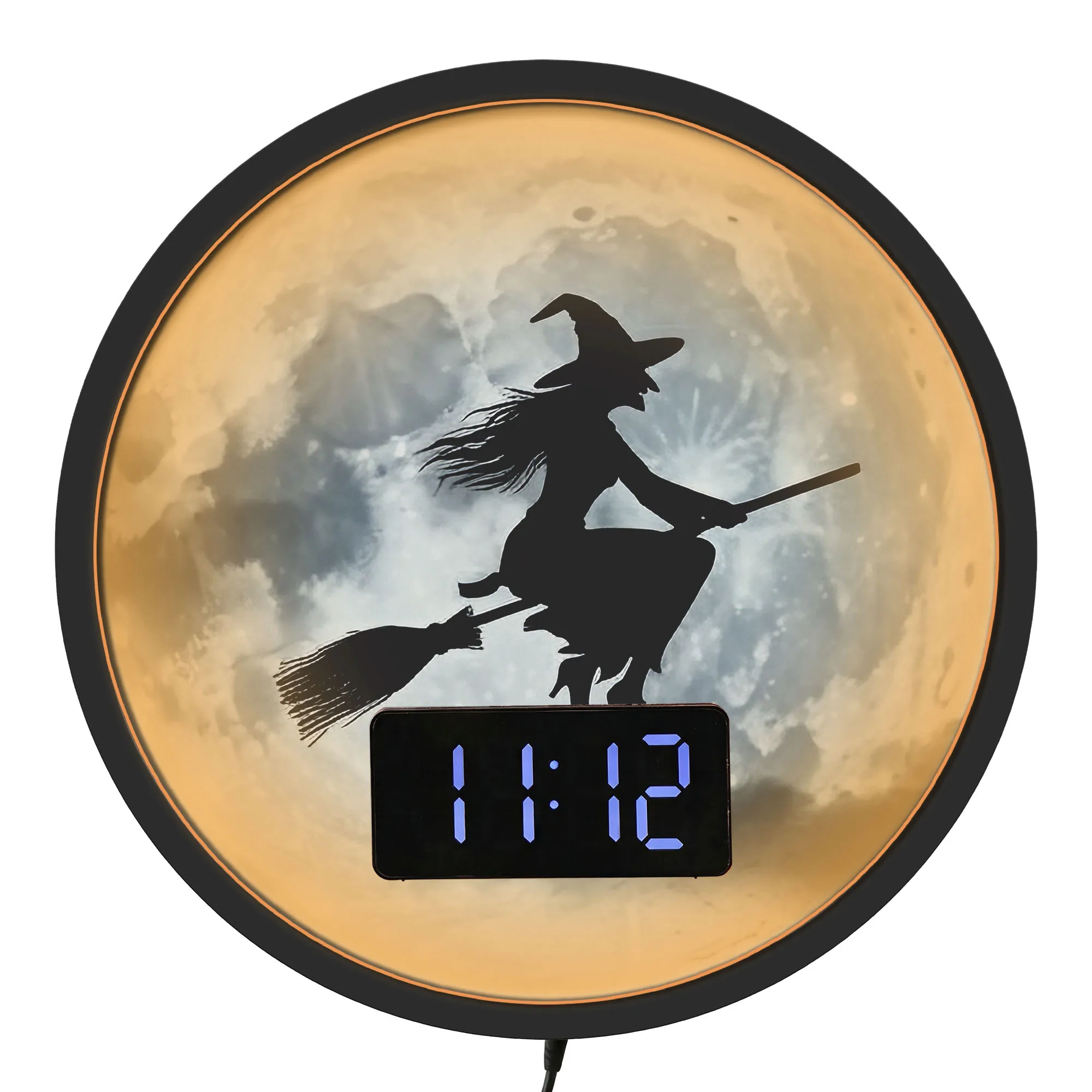 Flying Witch On Broom Moon LED Wall Clock with Temperature Calendar Date Alarm Snooze 12/24hr Halloween Home Decor Digital Clock
