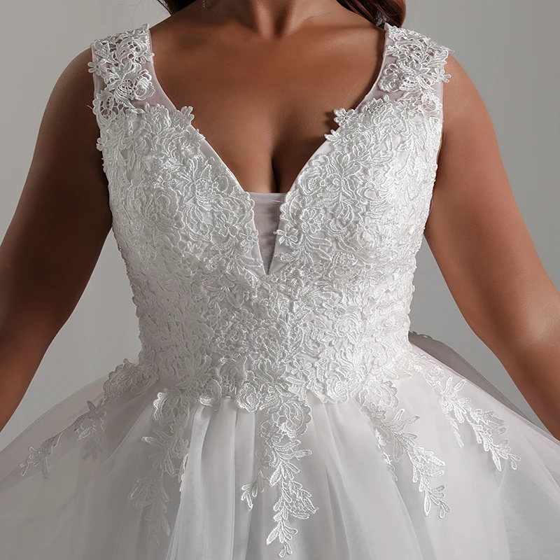 Vestido de novia de lujo sin mangas con cuello en V, Apliques de encaje elegantes, vestidos de novia de matrimonio