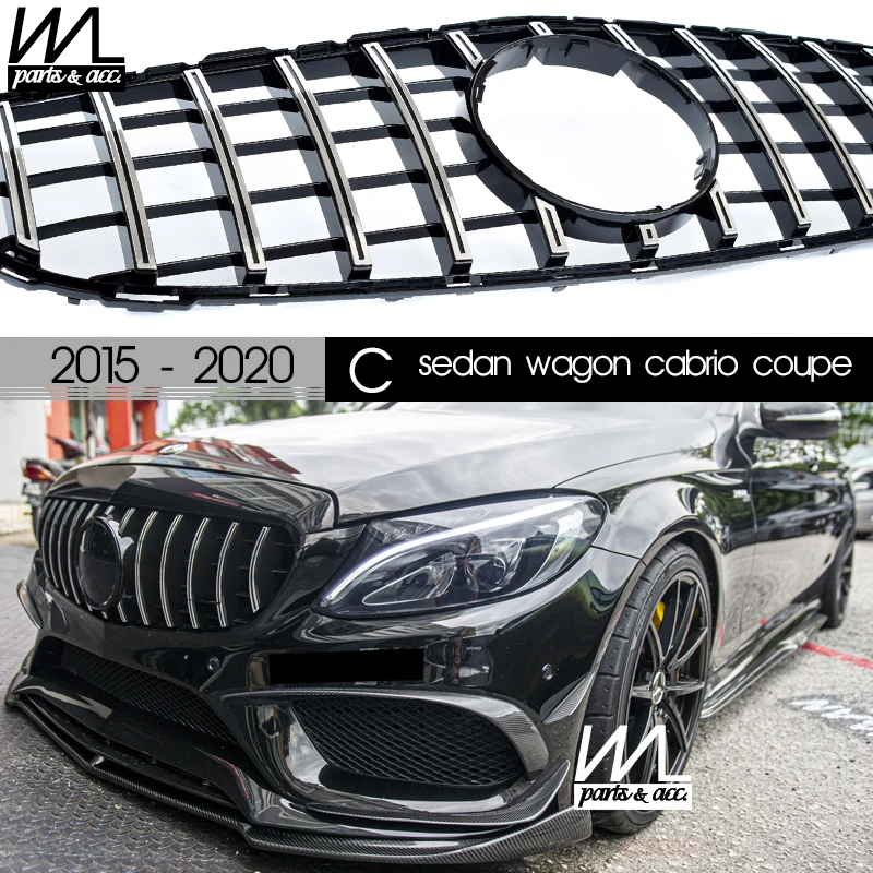 W205 GT Grill, Silver Panamericana Front Grille for 2015 - 2020 Mercedes C Class A205 Convertible C205 Coupe S205 All-Terrain