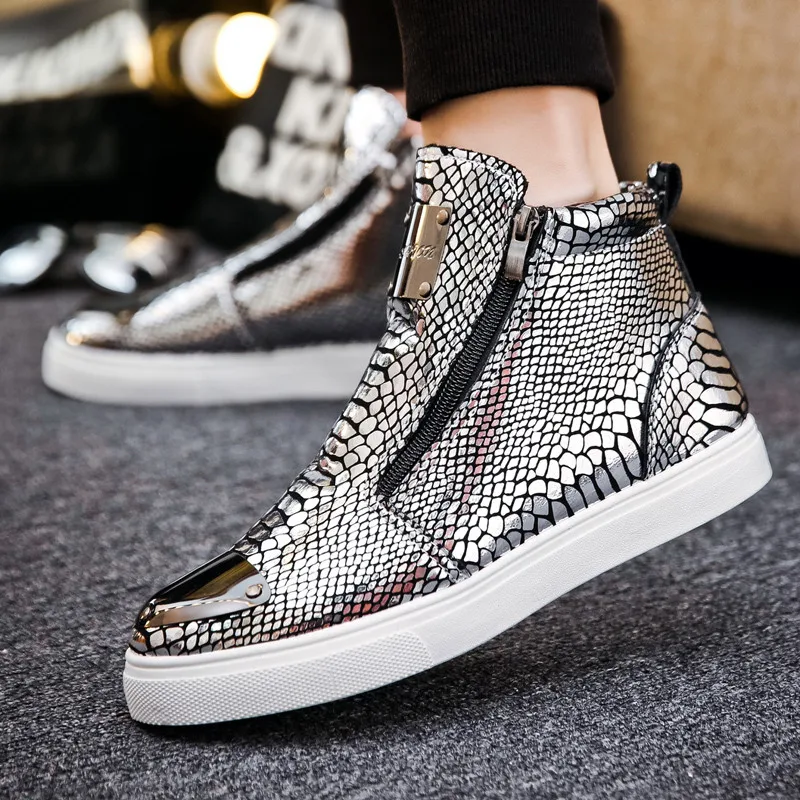 Classic Black Male Sneakers Crocodile Leather Men\'s High Top Sneakers Trendy Zip Mens Vulcanized Sneakers Zapatillas De Hombre