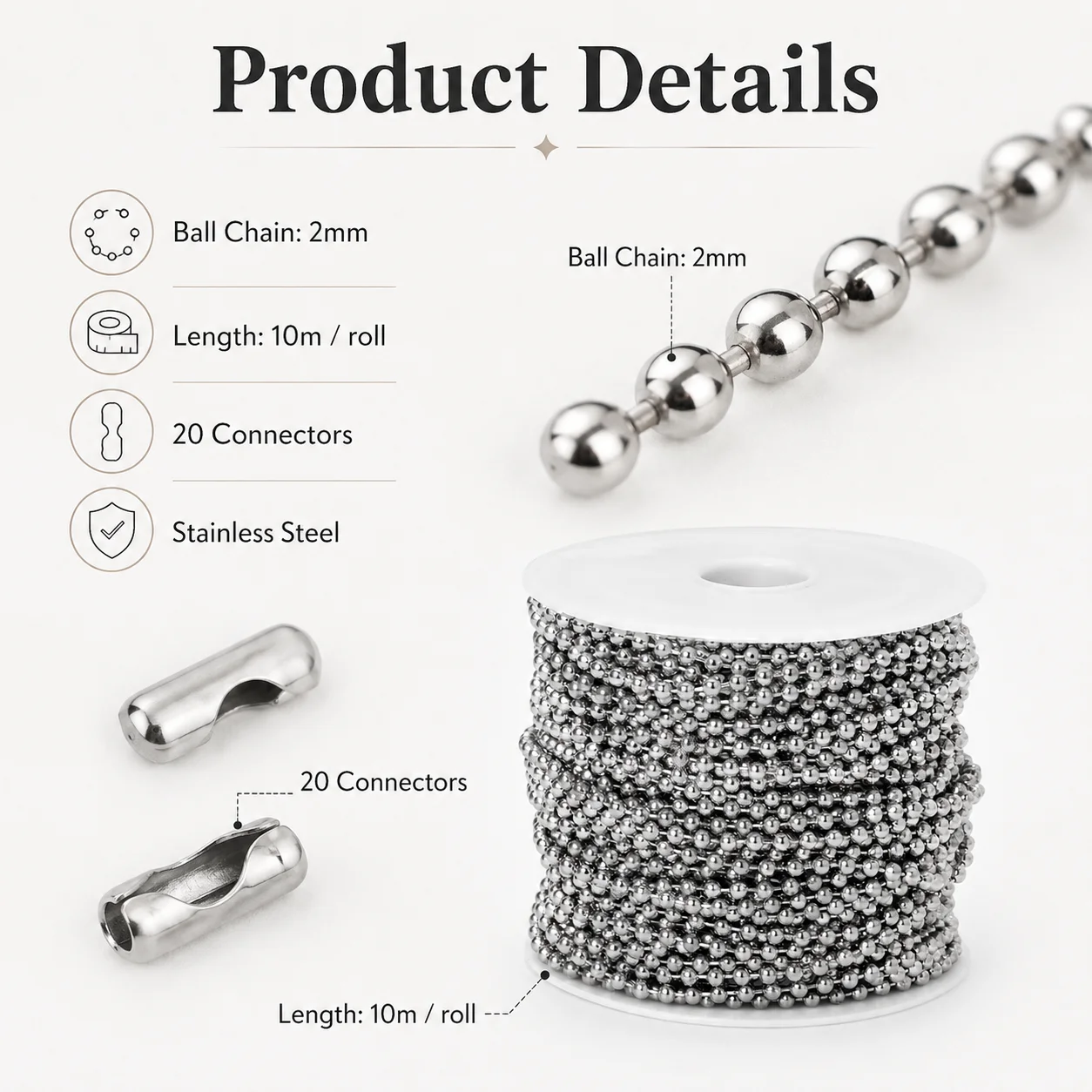 1Roll 10M 2mm Ball Chain With 20Pcs Connector Clasps Beaded Chains DIY Jewelry Making Necklace Pendant Keychain Accessories view 3