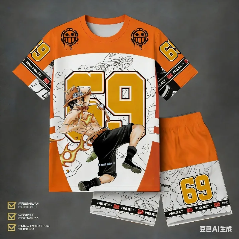

2026 Summer Hot Anime One Piece Series Pattern Short Sleeve Shirt Set for Men and Women Personalized Fashion Leisure Sports Set