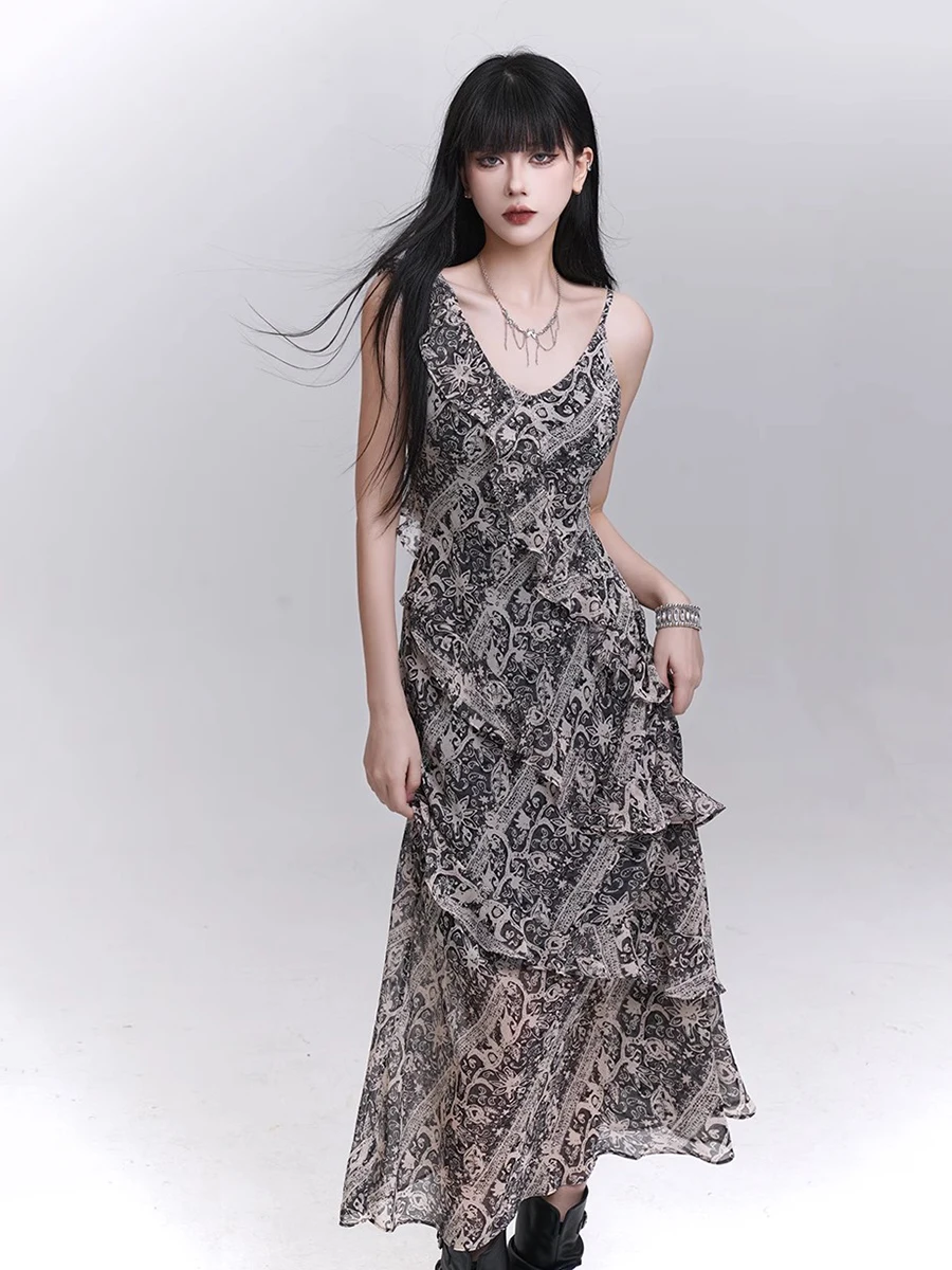 REDDACHiC Boho Tribal Print Abito a canotta da donna Vintage Profondo scollo a V Abito lungo drappeggiato con volant irregolare Abiti estivi per le vacanze