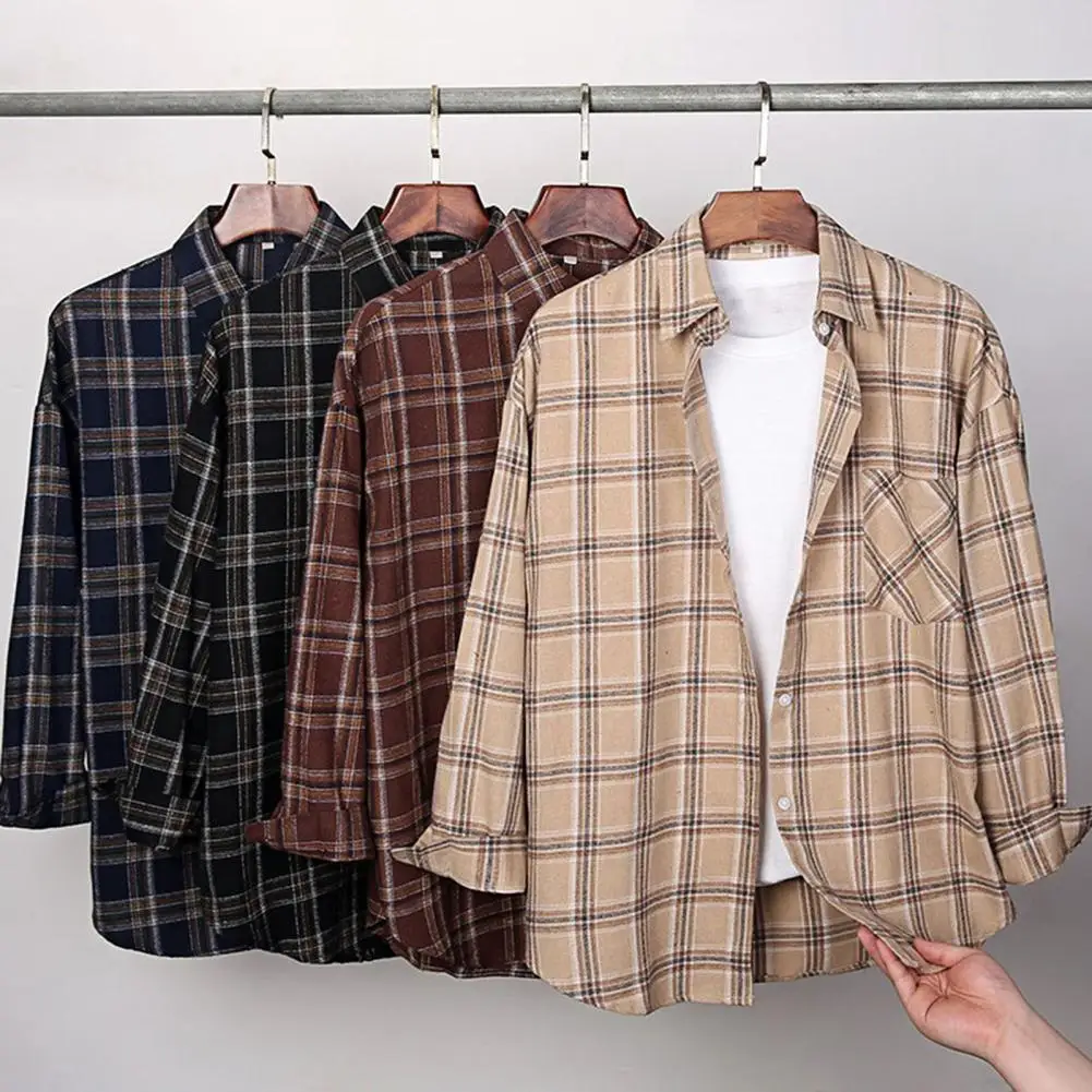 

Men Autumn Shirt Plaid Print Contrast Colors Turn-down Collar Lapel Single-breasted Loose Pocket Soft Patchwork Spring Shirt