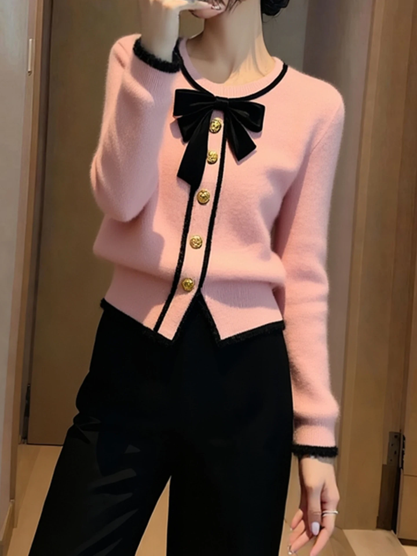 Trendy Color Blo  Knot Camere Knitted Sweater Long Sve Casual Winter Top Sweet Youthful Versatile Commute Sle