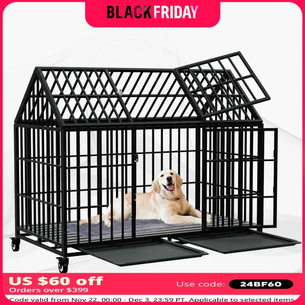 54/48 Inch Dog Crate Large Dogs Cage Strong Metal Dogs Kennels and Crates for Large Dogs Top Open with Wheels 2 Removable Trays