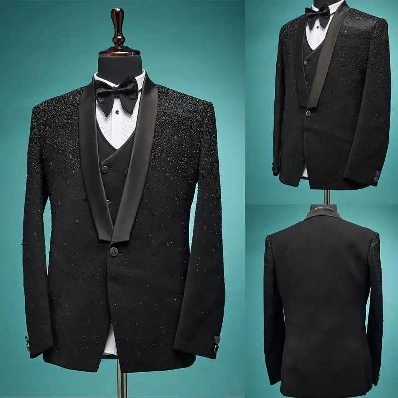 

Luxury Men Suit 3 Pieces Beaded Crystal Single Breasted Groom Wedding Tuxedos Party Male Blazers Business Customized