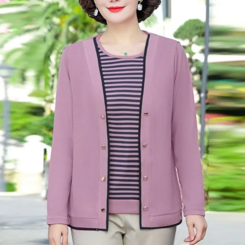 

Women's Spring Two Piece Knit Tops Spring and Autumn Solid Color Pullover Round Neck Button Long Sleeve Striped Office Lady Coat