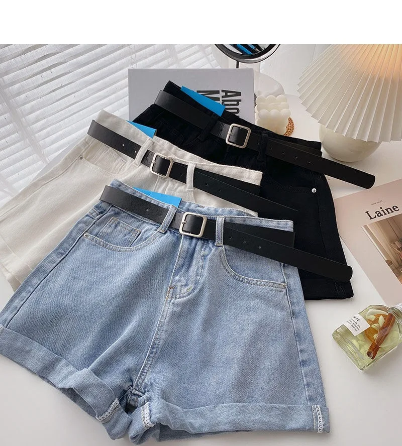 Sommer Weite Jeans-Shorts mit Gürtel Damen Koreanische Mode Hochgeschnittene Hot Pants Cowboy-Jeans Streetwear Y2K Kurze Hosen