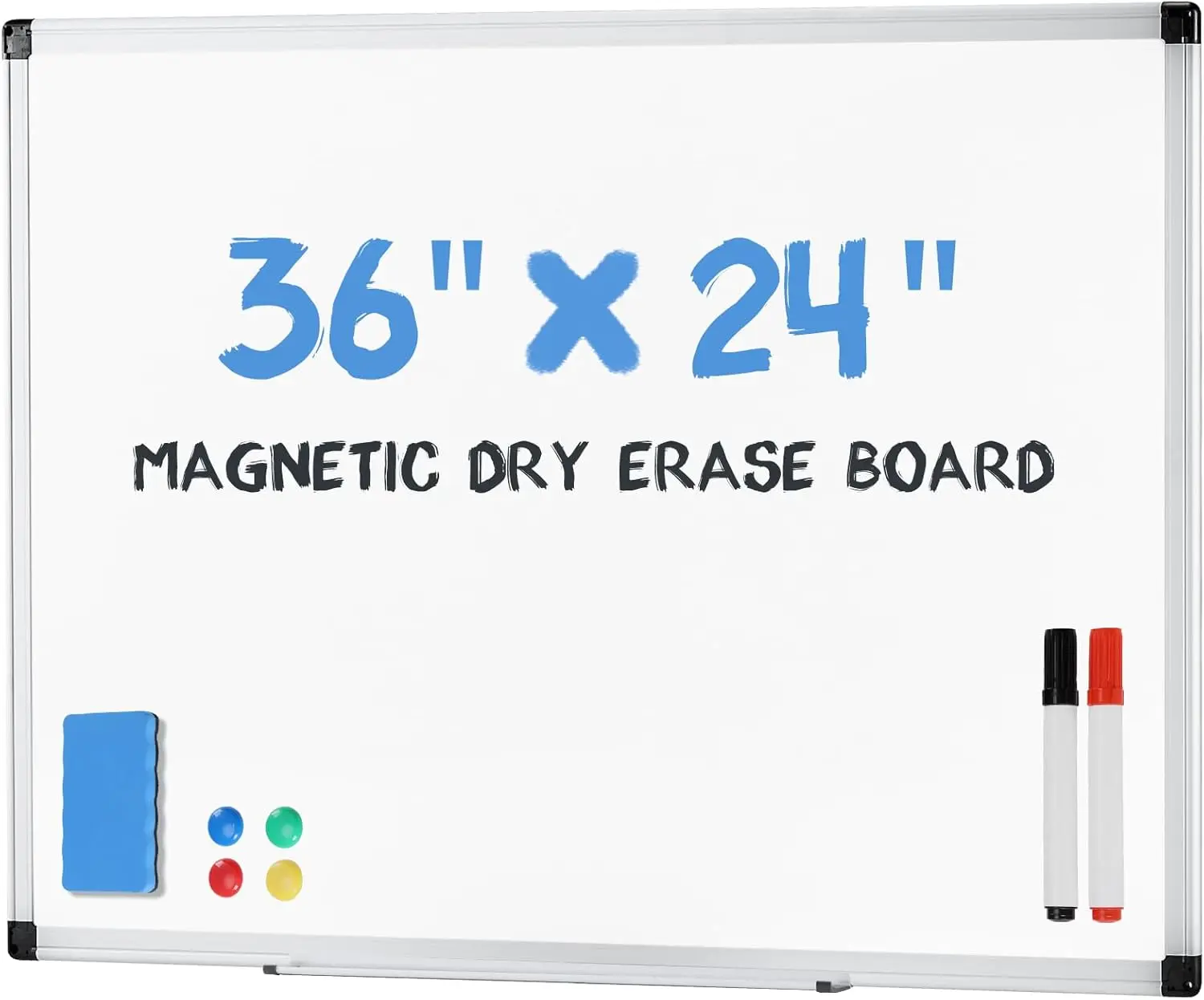 

Magnetic White Board Kit for Wall 36" x 24", Dry Erase Board with Eraser, Markers, and Magnetic Pins, Complete Set for Home,