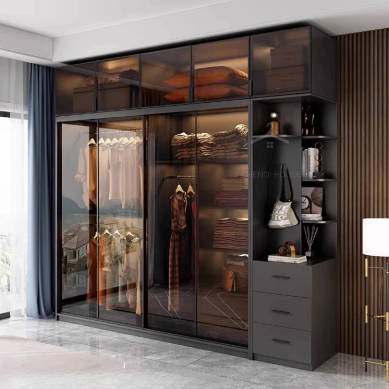 Sliding Glass Door Wardrobes Gray Closet Open Storage Cabinet Drawers Large Capacity Bedroom Clothes Armoire With Top Cabinet